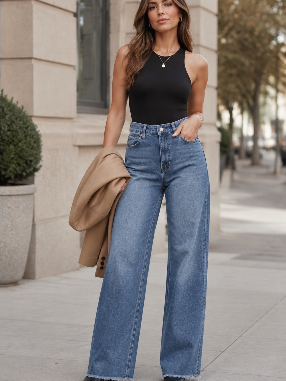 BCBGeneration High-Rise Wide-Leg Jeans in Medium Blue
